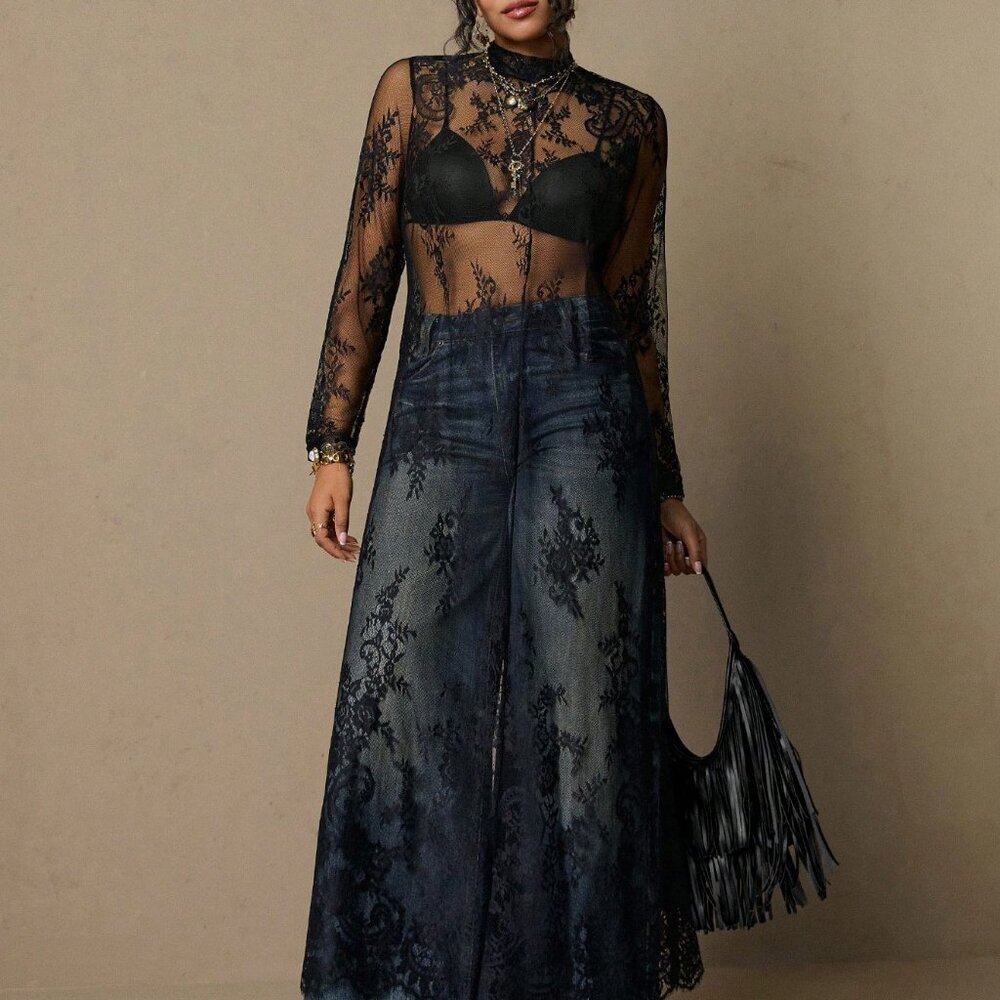 Black Boho Women's Elegant Plus Size Lace Maxi Dress